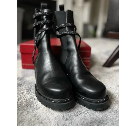 Rene Caovilla Black Leather Ankle Boots with crystal snake detail